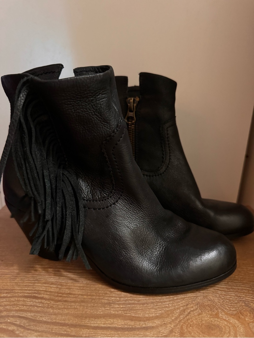 SAM EDELMAN Black Leather Fringe Ankle Boots - Women's